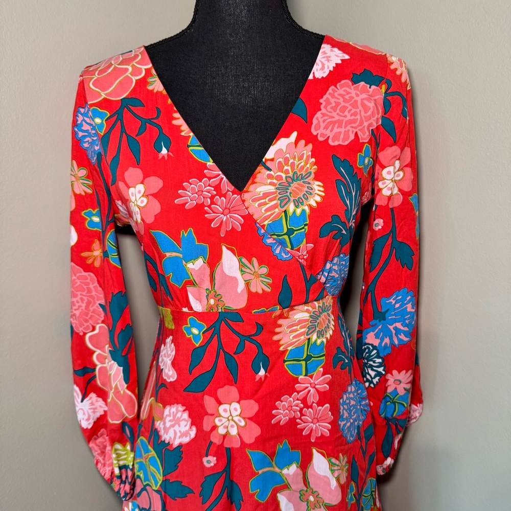 J. Crew red floral mini dress with long sleeves gathered at wrist size‎ 0